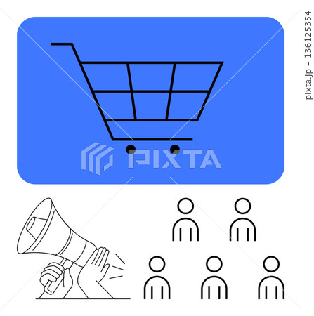 Online shopping, digital advertising, e-commerce growth, consumer targeting, social media strategies, audience engagement. Shopping cart image with megaphone and crowd icons. E-commerce and digital Online shopping, digital advertising, e-commerce growth, consumer targeting, social media strategies, audience engagement. Shopping cart image with megaphone and crowd icons. E-commerce and digital 136125354