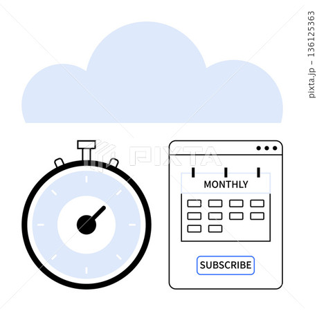 Time management, subscription services, SaaS, cloud technology, business planning, digital productivity. Stopwatch, calendar cloud icon. Time management and subscription services concept 136125363
