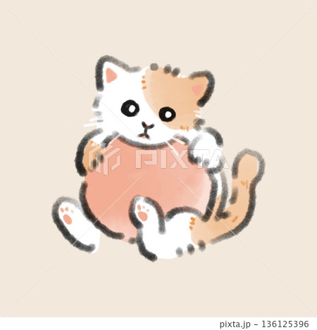 ピンクのハートを抱えている三毛猫の子猫の水彩風イラスト ペットへの愛情や感謝がテーマの挿絵に ピンクのハートを抱えている三毛猫の子猫の水彩風イラスト ペットへの愛情や感謝がテーマの挿絵に 136125396