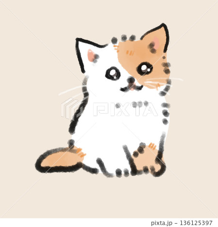 正面を向いて座っている三毛猫の子猫の水彩風イラスト ペット紹介や動物愛護サイトの挿絵に 正面を向いて座っている三毛猫の子猫の水彩風イラスト ペット紹介や動物愛護サイトの挿絵に 136125397