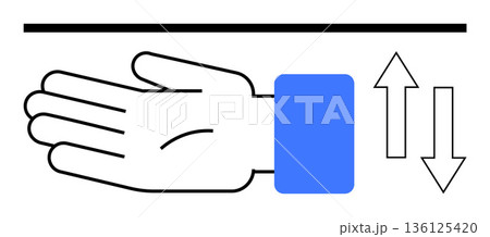 Communication, gestures, navigation, direction, user interfaces, instructional material. A hand with arrows pointing up and down above it. Communication and navigation concept 136125420