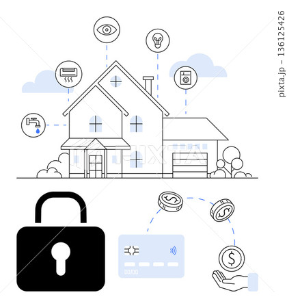 Smart home technology, IoT, data security, financial security, home automation, modern living. A house connected to devices with a lock and payment icons. Smart home and cybersecurity concept Smart home technology, IoT, data security, financial security, home automation, modern living. A house connected to devices with a lock and payment icons. Smart home and cybersecurity concept 136125426