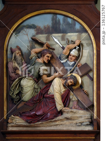 7th Stations of the Cross, Jesus falls the second time, Basilica of the Sacred Heart of Jesus in Zagreb, Croatia 136125767
