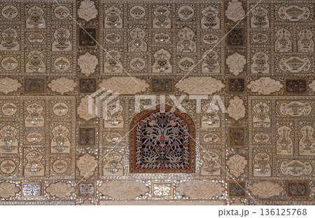 Detail of the mirrored ceiling in the Mirror Palace at Amber Fort in Jaipur, Rajasthan, India Detail of the mirrored ceiling in the Mirror Palace at Amber Fort in Jaipur, Rajasthan, India 136125768