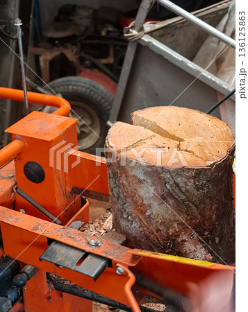 Wood log splitting with hydraulic log splitter machine 136125863