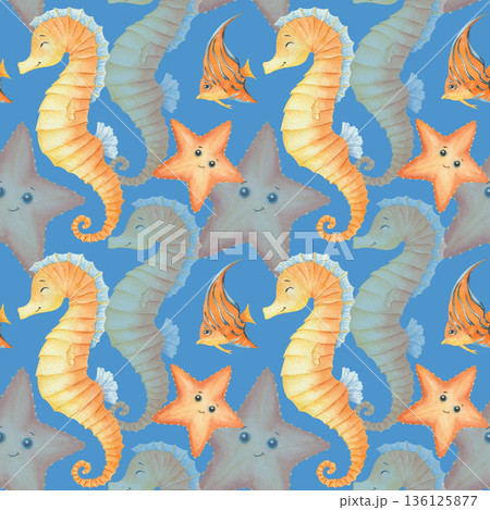 Cartoon seamless pattern of cute marine animals, sea life 136125877