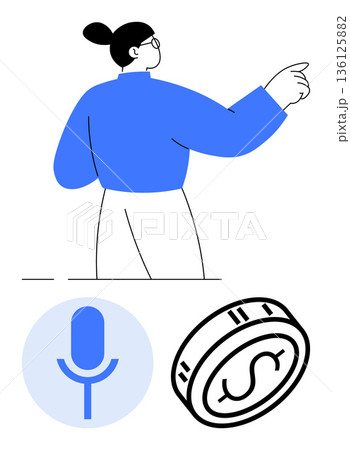 Digital communication, personal finance, technology integration, currency exchange, media interaction, economic growth. Individual pointing, microphone icon and dollar coin. Digital communication 136125882