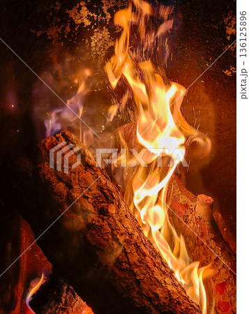 Burning logs creating warm fire flames with sparks 136125896