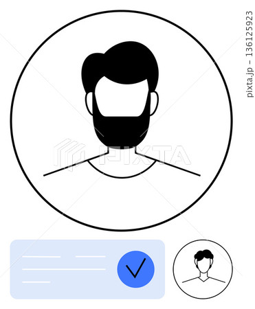 Online ID verification, user authentication, digital security, account approval, identity check, registration process. Minimal male avatar with verification checkmark. Online ID verification 136125923