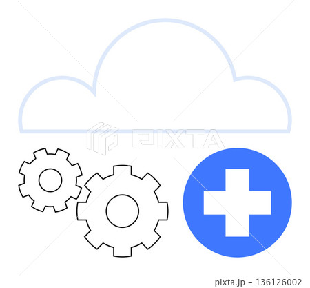 Healthcare technology, cloud storage, digital health, system optimization, data management, telemedicine. A cloud, gear icons and a medical cross. Healthcare technology and cloud storage concept Healthcare technology, cloud storage, digital health, system optimization, data management, telemedicine. A cloud, gear icons and a medical cross. Healthcare technology and cloud storage concept 136126002