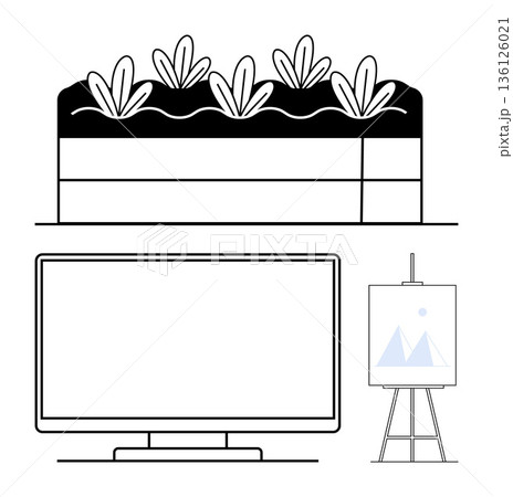 Education, digital creativity, agriculture, eco-design, environment, minimalism. A monitor, an easel with a painting and layered soil with leaves. Education and digital creativity highlighted 136126021