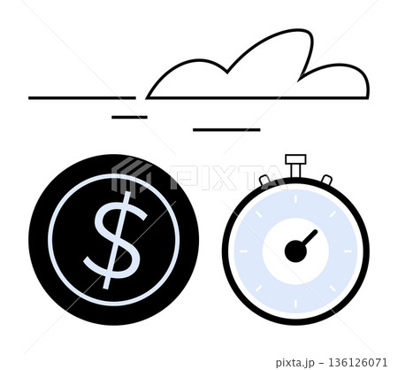 Time management, financial planning, investment, business productivity, cost efficiency, savings. Black dollar sign, stopwatch minimal cloud design. Time management and financial planning concept 136126071