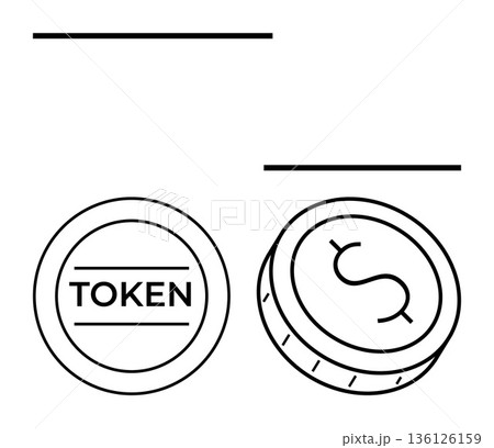 Cryptocurrency, blockchain, digital assets, online payments, virtual currency, modern finance. Two coins with Token and dollar symbol designs. Cryptocurrency and blockchain concepts 136126159
