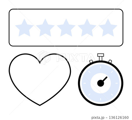 Online reviews, product feedback, time tracking, quality assessment, customer satisfaction, performance metrics. A row of stars, a clock and a heart. Online reviews and customer satisfaction concept 136126160