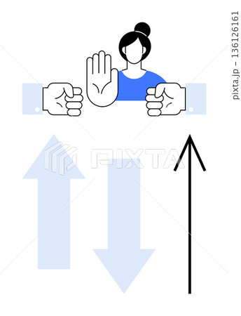 Decision-making, conflict management, teamwork, communication, problem solving, authority. Person with raised hand signal, two fists and direction arrows. Decision-making and conflict management Decision-making, conflict management, teamwork, communication, problem solving, authority. Person with raised hand signal, two fists and direction arrows. Decision-making and conflict management 136126161