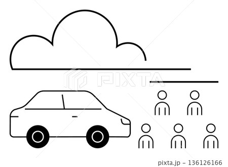 Transportation, commuting, carpooling, sustainability, teamwork, cloud storage. An outlined car, cloud and people icons arranged simply. Transportation and commuting 136126166