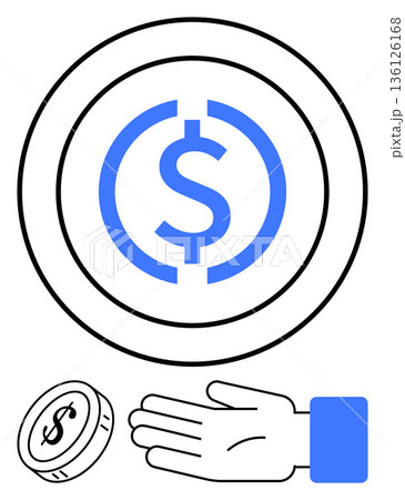 Cryptocurrency, payment methods, blockchain economy, financial exchange, digital wallets, decentralized economy. Blue dollar symbol within a coin, hand and smaller coin below. Cryptocurrency 136126168