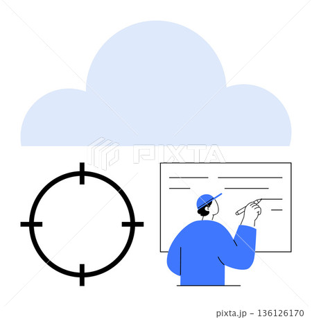 Data security, cloud storage, analytics, strategy development, process optimization, network technology. A cloud, target symbol and a figure pointing at a board. Data security and cloud storage Data security, cloud storage, analytics, strategy development, process optimization, network technology. A cloud, target symbol and a figure pointing at a board. Data security and cloud storage 136126170