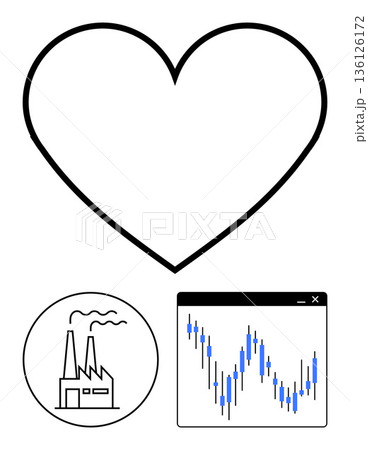 Sustainability, environmental impact, industrial economy, stock market analysis, business trends, corporate responsibility. Heart shape, factory icon stock chart. Sustainability and industrial Sustainability, environmental impact, industrial economy, stock market analysis, business trends, corporate responsibility. Heart shape, factory icon stock chart. Sustainability and industrial 136126172