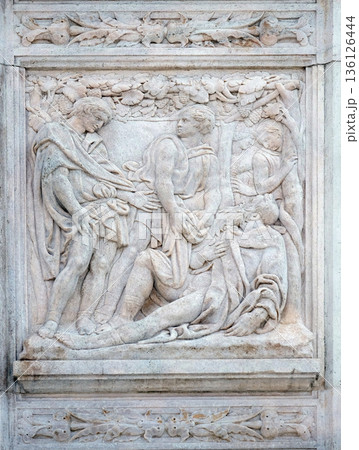 The Noah elation, relief on portal of Saint Petronius Basilica in Bologna, Italy The Noah elation, relief on portal of Saint Petronius Basilica in Bologna, Italy 136126444