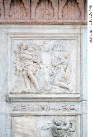 Cain and Abel sacrifices, Genesis relief on portal of Saint Petronius Basilica in Bologna, Italy 136126446