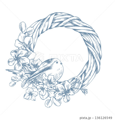An elegant illustration of a woven vine wreath with a bird and flowers. Hand-drawn spring botanical frame design for a text template for Mother s Day, Easter, and weddings. Line art. An elegant illustration of a woven vine wreath with a bird and flowers. Hand-drawn spring botanical frame design for a text template for Mother s Day, Easter, and weddings. Line art. 136126549