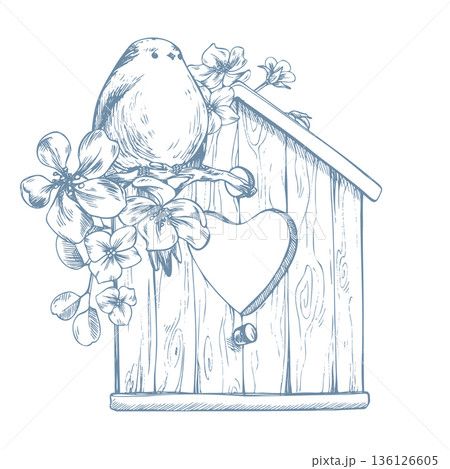 A bird perched on a blossoming apple tree branch, perched on a wooden birdhouse with a heart. A spring graphic illustration featuring a tit and flowers in a line art style for holidays and weddings. 136126605