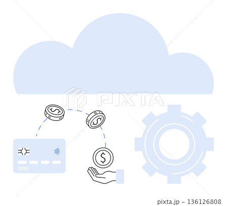 Digital payment, cloud technology, FinTech, currency exchange, online transactions, automation. Credit card, coins hand gear and cloud elements . Digital payment and cloud technology concepts 136126808