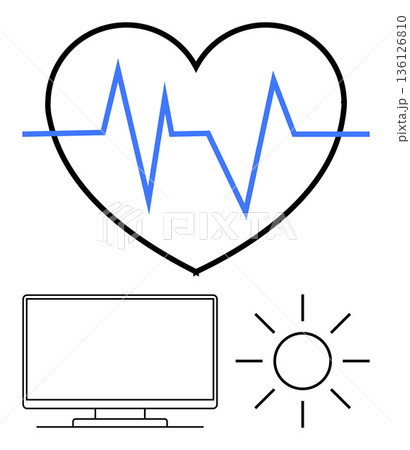 Healthcare, technology, wellness, heart monitoring, medical data, telemedicine. Heartbeat line in heart, computer monitor sun icon. Healthcare and technology concept Healthcare, technology, wellness, heart monitoring, medical data, telemedicine. Heartbeat line in heart, computer monitor sun icon. Healthcare and technology concept 136126810