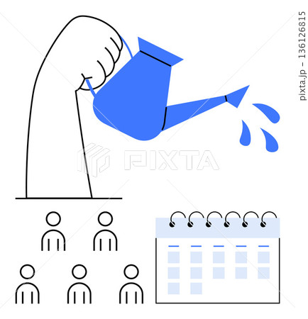 Business growth, team management, project planning, collaboration, productivity, planning concepts. A hand watering a calendar and people icons. Business growth and team management ideas 136126815