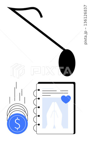 Charity, music, donations, philanthropy, nonprofit fundraising, altruism. A music note, falling coins blue heart and a charity notebook. Charity and music fundraising concept Charity, music, donations, philanthropy, nonprofit fundraising, altruism. A music note, falling coins blue heart and a charity notebook. Charity and music fundraising concept 136126837