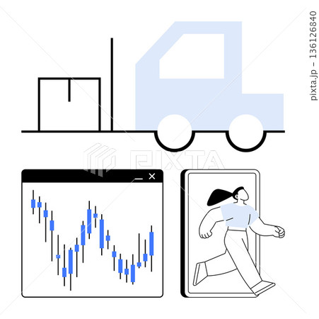 Logistics, financial analysis, tech innovation, e-commerce, transportation, and business solutions. A truck, stock market graph and a person in a smartphone. Logistics and financial analysis concept Logistics, financial analysis, tech innovation, e-commerce, transportation, and business solutions. A truck, stock market graph and a person in a smartphone. Logistics and financial analysis concept 136126840