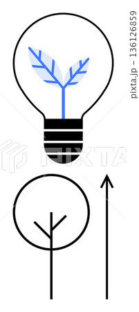 Sustainability, innovation, growth, renewable energy, eco-consciousness, environmental design. Light bulb with leafy design, tree symbol upward arrow. Sustainability and innovation concept Sustainability, innovation, growth, renewable energy, eco-consciousness, environmental design. Light bulb with leafy design, tree symbol upward arrow. Sustainability and innovation concept 136126859