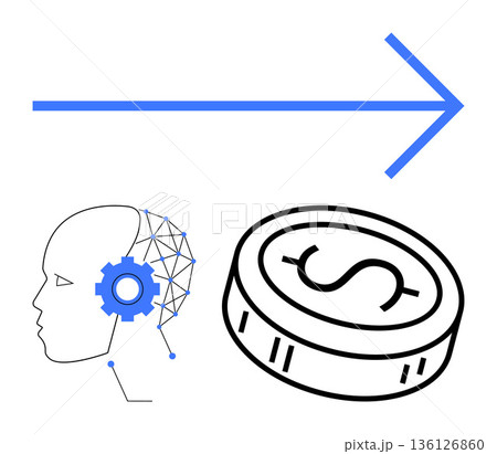 Artificial intelligence, financial growth, digital transformation, innovation, tech economy, future trends. Graphic of a head with gear, dollar coin and arrow. AI and financial growth Artificial intelligence, financial growth, digital transformation, innovation, tech economy, future trends. Graphic of a head with gear, dollar coin and arrow. AI and financial growth 136126860