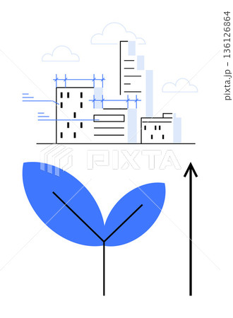 Sustainability, urban planning, eco-friendly growth, renewable resources, nature integration, modern architecture. Cityscape with a green leaf and upward arrow. Sustainability and urban planning Sustainability, urban planning, eco-friendly growth, renewable resources, nature integration, modern architecture. Cityscape with a green leaf and upward arrow. Sustainability and urban planning 136126864