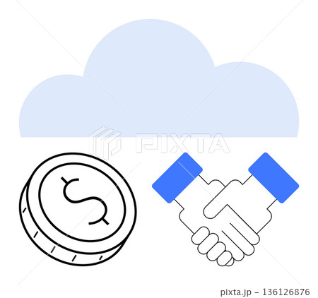 Business collaboration, finance management, cloud services, digital banking, online transactions, data security. Coin and handshake under a cloud icon. Business collaboration and finance management 136126876