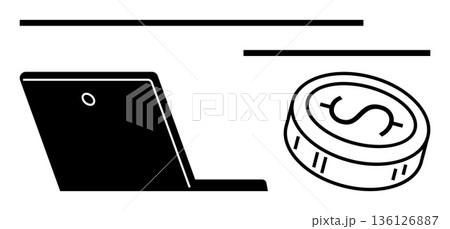 E-commerce, online transactions, digital banking, financial technology, cryptocurrency, business finance. Black laptop alongside a dollar coin symbol. E-commerce and online transactions concept 136126887
