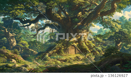 森の奥深くに佇む苔むした巨大な古木の風景イラスト 136126927