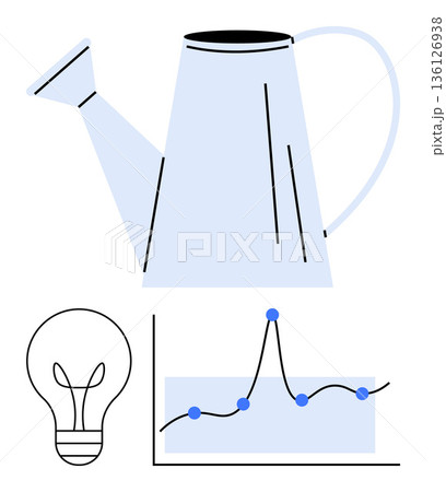 Gardening, innovation, business growth, data analysis, creativity, sustainability. Minimalist design a watering can, lightbulb and line graph. Gardening and innovation concept 136126938