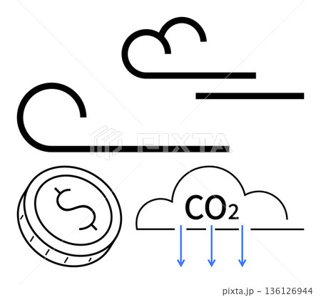 Climate change, air pollution, renewable energy, carbon trading, environment, sustainable future. CO2 cloud, wind graphic and coin climate issues. Climate change and air pollution concept 136126944
