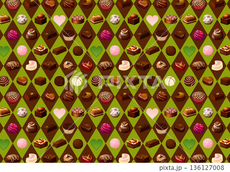 ダイヤチェックと様々なボンボンショコラの背景緑 136127008