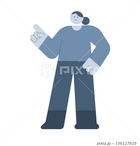 Minimalist vector woman pointing finger upward showing direction or idea. Simple flat design character for presentation, guidance, attention and suggestion concepts with smile. Minimalist vector woman pointing finger upward showing direction or idea. Simple flat design character for presentation, guidance, attention and suggestion concepts with smile. 136127020