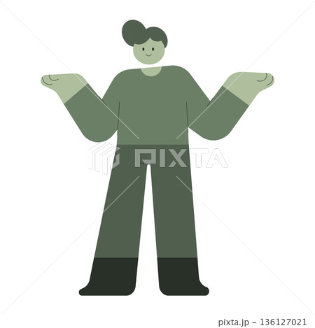 Minimalist vector man shrugging shoulders with confused expression. Simple flat design character for uncertainty, question, confusion and doubt concepts with friendly gesture. Minimalist vector man shrugging shoulders with confused expression. Simple flat design character for uncertainty, question, confusion and doubt concepts with friendly gesture. 136127021