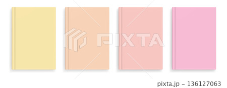 Vector blank warm light pastel colors realistic book cover mockups, closed organizer or notebook cover template with sheet of A4. Front view of yellow, orange and red notepad with binding mock up Vector blank warm light pastel colors realistic book cover mockups, closed organizer or notebook cover template with sheet of A4. Front view of yellow, orange and red notepad with binding mock up 136127063