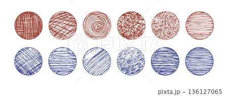 Set of isolated vector red and blue grunge textured ink brush scribble geometric circles. Scratched pen hand drawing round shapes with squiggle pattern for graphic design, decoration 136127065