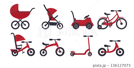 Red and black flat baby transport set for kids since birth till school. Color vector children transport - carriage, stroller, bicycle, rollers for educational books and apps, sticker, banner design Red and black flat baby transport set for kids since birth till school. Color vector children transport - carriage, stroller, bicycle, rollers for educational books and apps, sticker, banner design 136127073