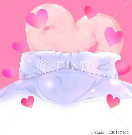 ダブルベッドの背景　ハート　逆光 136127166