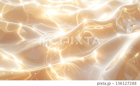 ゴールドに輝く美容液テクスチャのマクロ｜パール感と波紋のスキンケア抽象背景 136127288