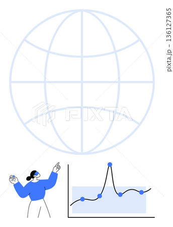 Data analytics, global trends, business monitoring, statistics, technology, research. A person pointing at a graph with a world map in the background. Data analytics and global trends concept 136127365