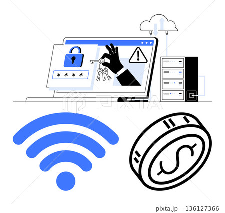 Cybersecurity, hacking prevention, financial security, online privacy, wireless communication, data protection. Visual a hacking attempt, wireless and digital currency. Cybersecurity and financial Cybersecurity, hacking prevention, financial security, online privacy, wireless communication, data protection. Visual a hacking attempt, wireless and digital currency. Cybersecurity and financial 136127366
